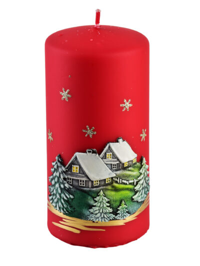 Świeca ZIMOWY DOMEK Walec duży 7x17,5cm czerwona