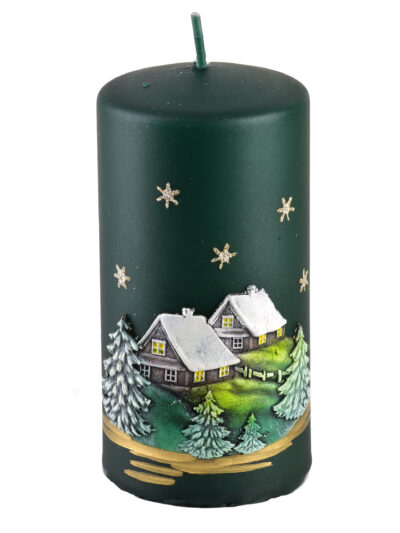 Świeca ZIMOWY DOMEK Walec duży 7x17,5cm zielona