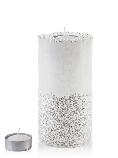 ŚWIECA LAMPION WALEC 120X240 DIAMENT BIAŁY SREBRNE KRYSZTAŁKI